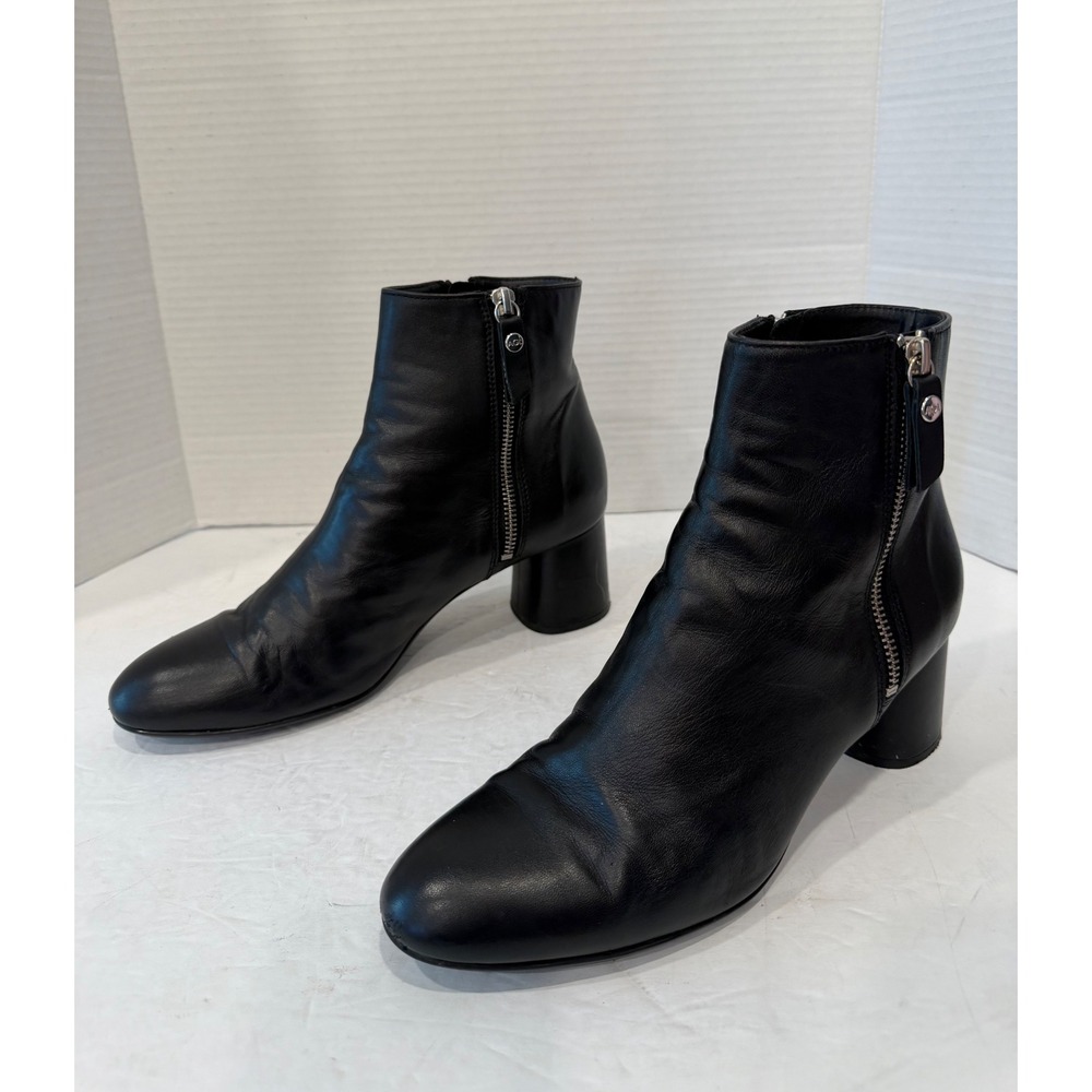AGL Philipa Black Leather Side Zip Round Toe Cylindrical Mid Heel Ankle Boot 9.5